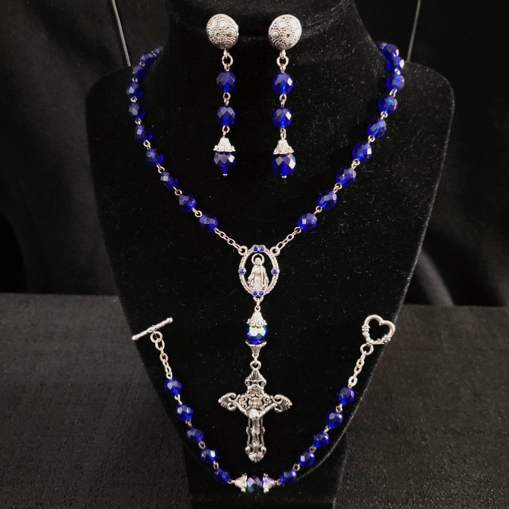 3-Piece Silver Tone Rosary Jewelry Set with Sapphire Blue Aurora Borealis Beads